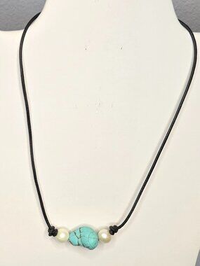 Boho Turquoise and Pearl Necklace on Leather Cord